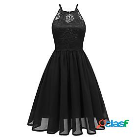 Womens Knee Length Dress A Line Dress Black Sleeveless Lace