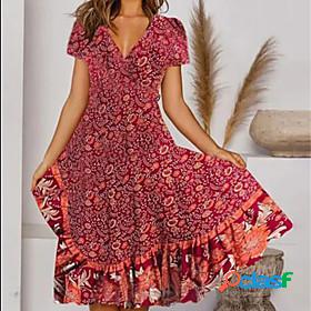 Women's Knee Length Dress A Line Dress Red Short Sleeve