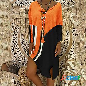 Womens Knee Length Dress Blue White Orange Red Long Sleeve