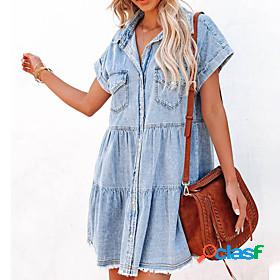 Womens Knee Length Dress Denim Dress Blue Short Sleeve