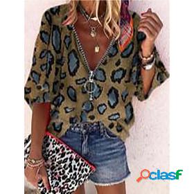 Womens Leopard Blouse Shirt Leopard Zipper V Neck Basic Tops