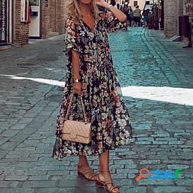 Womens Loose Midi Dress Half Sleeve Floral Print Print