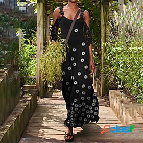 Womens Maxi long Dress A Line Dress Black Short Sleeve Lace