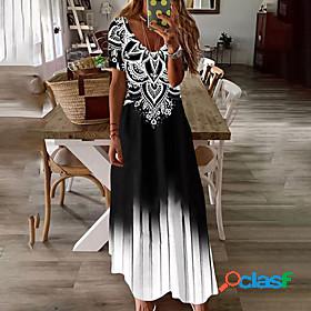 Womens Maxi long Dress A Line Dress Black Short Sleeve Print