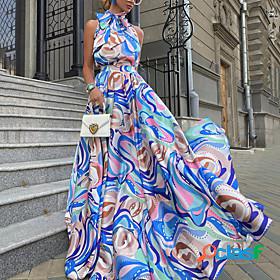 Womens Maxi long Dress A Line Dress Blue Sleeveless Print
