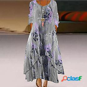 Womens Maxi long Dress A Line Dress Gray Long Sleeve Print