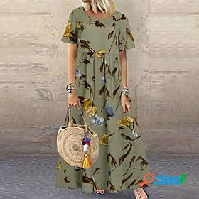 Womens Maxi long Dress A Line Dress Green Beige Short Sleeve