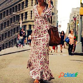 Womens Maxi long Dress A Line Dress Red Long Sleeve Ruffle