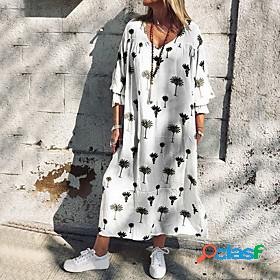 Womens Maxi long Dress A Line Dress White Long Sleeve Print