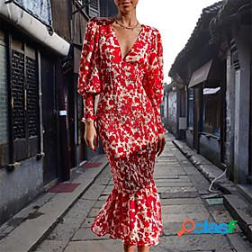 Womens Maxi long Dress Bodycon Red Long Sleeve Ruffle Print