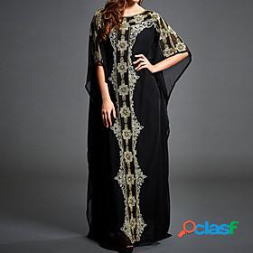 Womens Maxi long Dress Shift Dress Black Half Sleeve Print