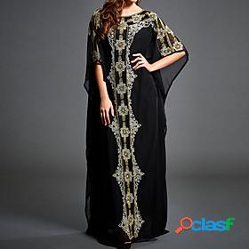 Women's Maxi long Dress Shift Dress Black Half Sleeve Print