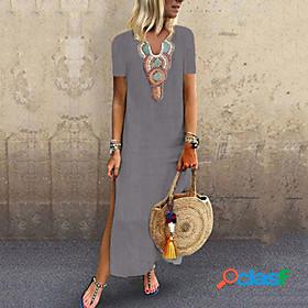 Womens Maxi long Dress Shift Dress Gray Short Sleeve Split