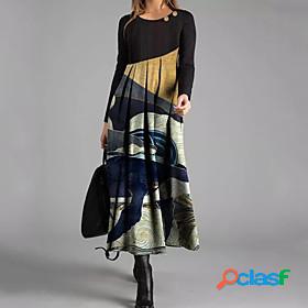 Womens Maxi long Dress Shift Dress Rainbow Long Sleeve