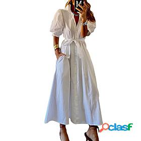 Womens Maxi long Dress Shirt Dress White Black Half Sleeve