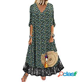 Womens Maxi long Dress Sundress Black Half Sleeve Lace Print