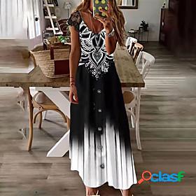 Womens Maxi long Dress Swing Dress Black Short Sleeve Lace