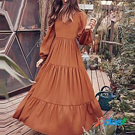 Womens Maxi long Dress Swing Dress Brown Long Sleeve