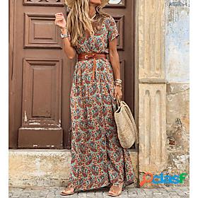 Womens Maxi long Dress Swing Dress Brown Short Sleeve Split