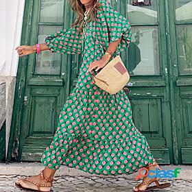 Womens Maxi long Dress Swing Dress Green Long Sleeve Print