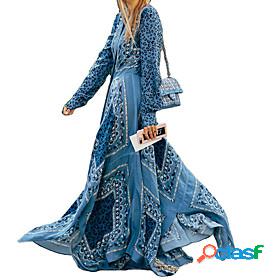 Womens Maxi long Dress Swing Dress Light Blue Long Sleeve