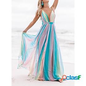 Womens Maxi long Dress Swing Dress Rainbow colors Sleeveless