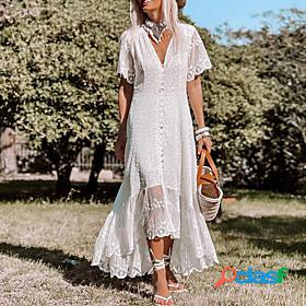 Womens Maxi long Dress Swing Dress White Half Sleeve Mesh