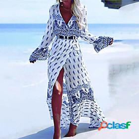 Womens Maxi long Dress Swing Dress White Long Sleeve Split