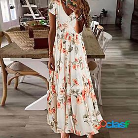 Womens Maxi long Dress Swing Dress White Short Sleeve Print