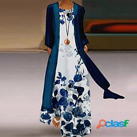 Womens Maxi long Dress Two Piece Dress Blue Long Sleeve