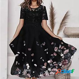 Womens Midi Dress A Line Dress Black Short Sleeve Print