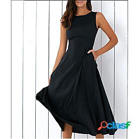 Womens Midi Dress A Line Dress Black Sleeveless Pocket Solid