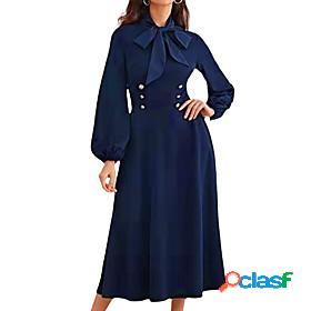 Womens Midi Dress A Line Dress Dark Blue Long Sleeve Ruched