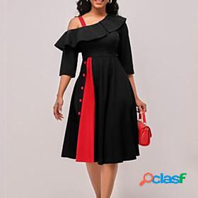 Womens Midi Dress A Line Dress Red Half Sleeve Button Color