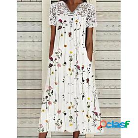 Womens Midi Dress A Line Dress White Short Sleeve Lace Print