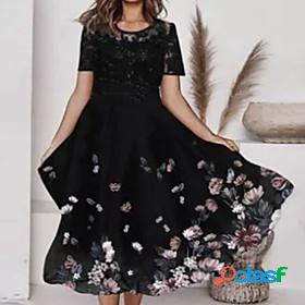 Womens Midi Dress Swing Dress Black Short Sleeve Print