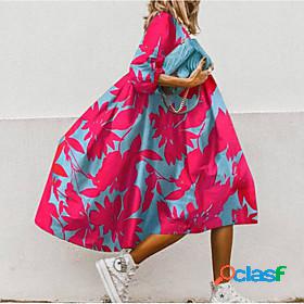 Womens Midi Dress Swing Dress Fuchsia Long Sleeve Plus High