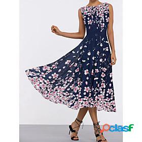 Womens Midi Dress Swing Dress Navy Blue Sleeveless Print