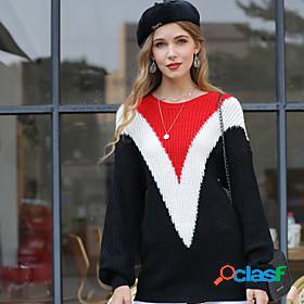 Womens Pullover Color Block Long Sleeve Loose Sweater