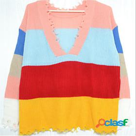 Womens Pullover Color Block Long Sleeve Sweater Cardigans V