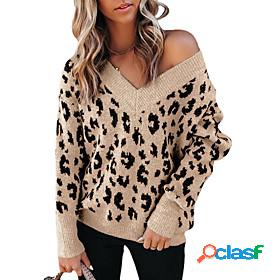 Womens Pullover Leopard Knitted Stylish Long Sleeve Sweater