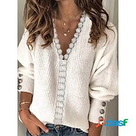 Womens Pullover Sweater Jumper Solid Color Knitted Lace