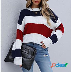 Womens Pullover Sweater Jumper Striped Color Block Stripe