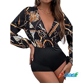 Womens Romper Print Lace up Print Casual Daily V Neck Street