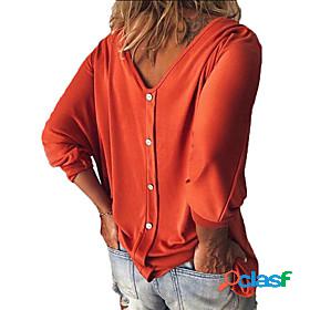 Womens Shirt Button Modern Solid Colored V Neck Spring Fall