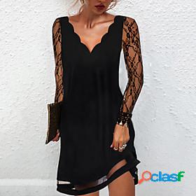 Women's Short Mini Dress A Line Dress Black Long Sleeve Lace