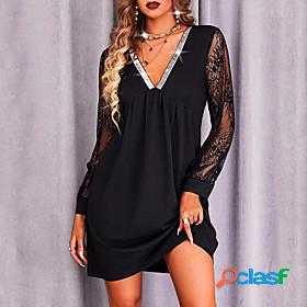 Womens Short Mini Dress A Line Dress Black Long Sleeve Lace