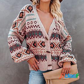 Womens Sweater Cardigan Geometric Knitted Button Stylish
