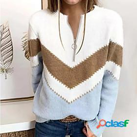 Womens Sweater Color Block Geometric Knitted Stylish Long