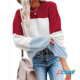 Womens Sweater Color Block Knitted Casual Long Sleeve Loose